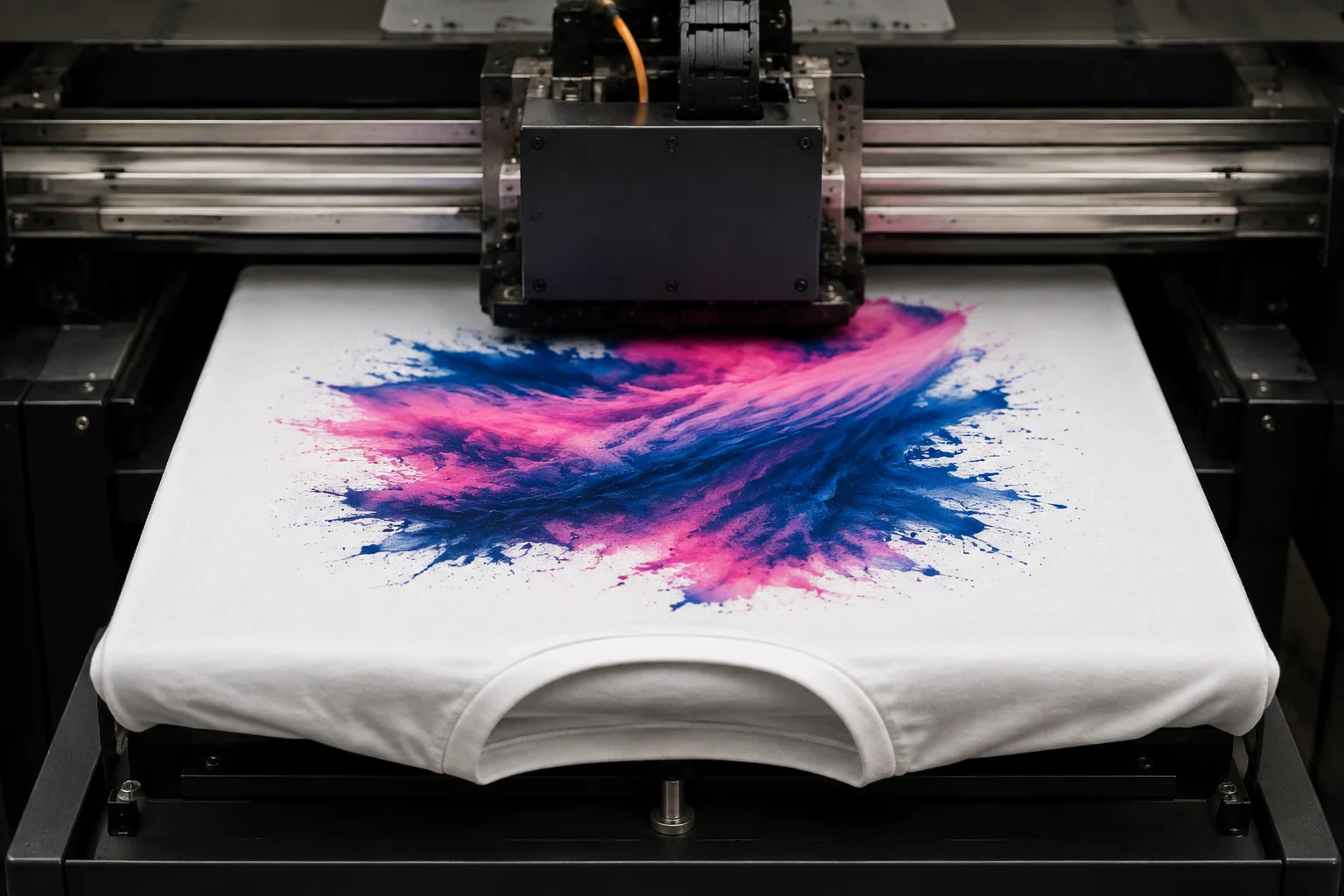 Illustration of a DTG printer printing directly onto a white T-shirt