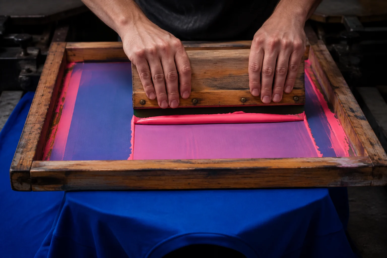 Illustration of a screen and squeegee printing pink ink onto apparel