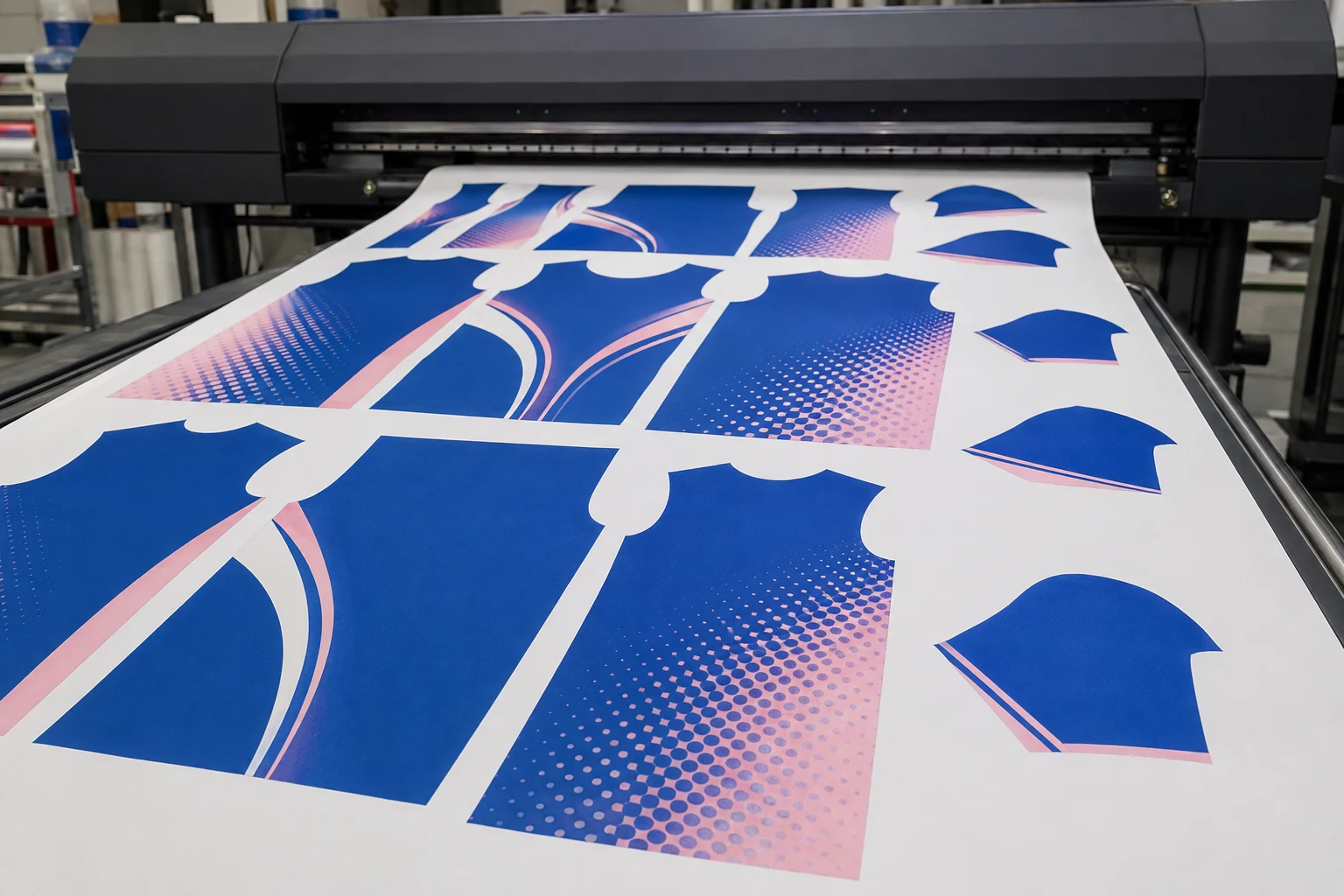 Illustration of a wide-format printer outputting arranged torso and sleeve designs for the sublimation process